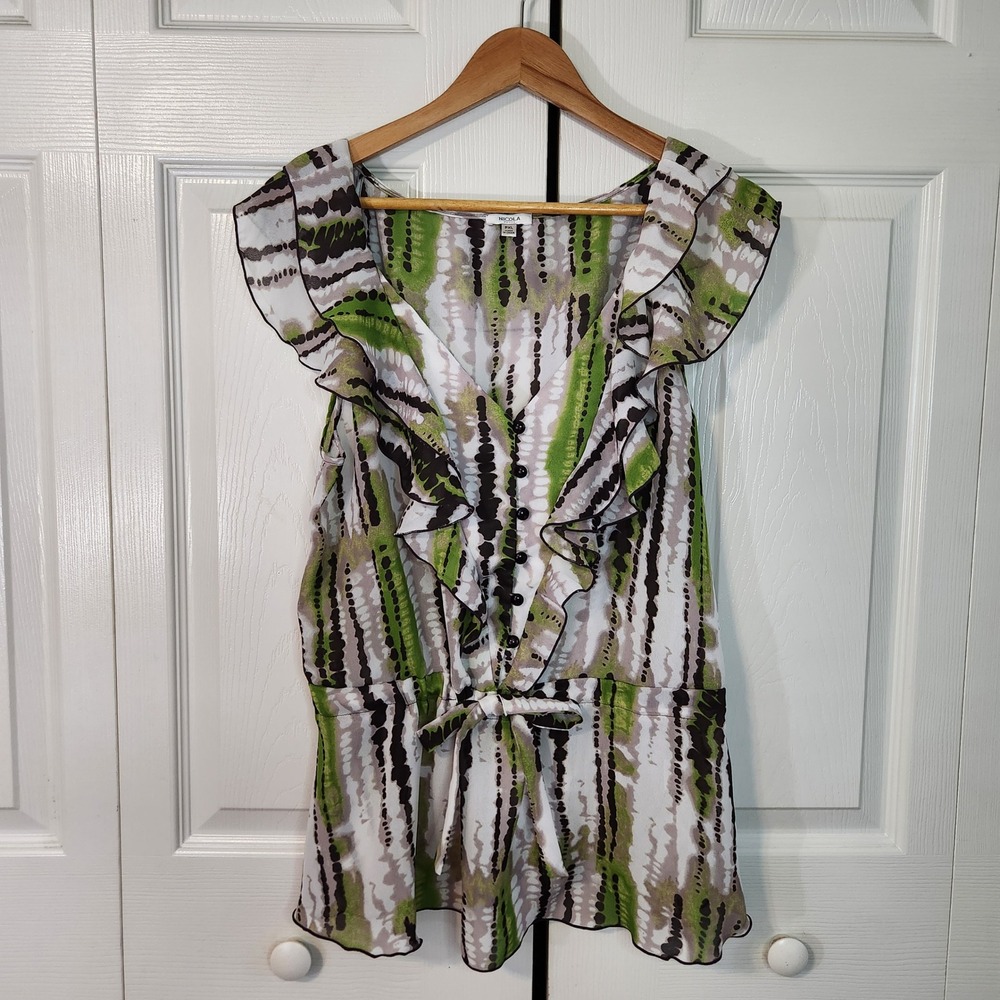 Nicola Petite Green Abstract‎ Ruffle V-Neck Peplum Blouse PXL Flutter Sleeve Tie